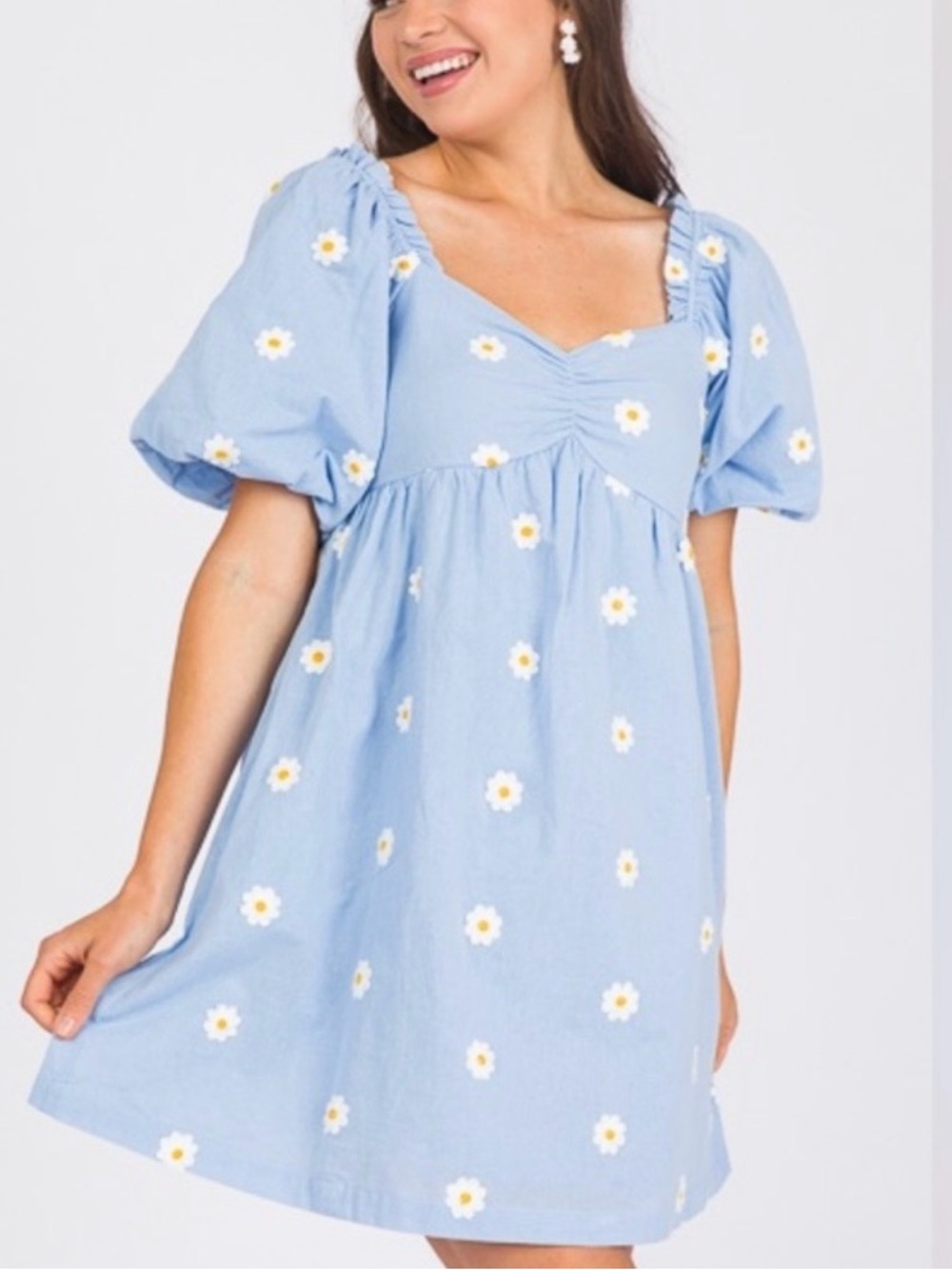 Altar'd State Size Medium Light Blue Daisy Puff Sleeve Mini Dress like New